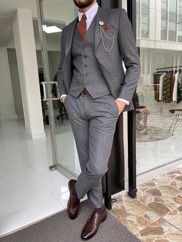 Abruzzo Gray Slim Fit Peak Lapel Striped Wool Suit-baagr.myshopify.com-suit-BOJONI