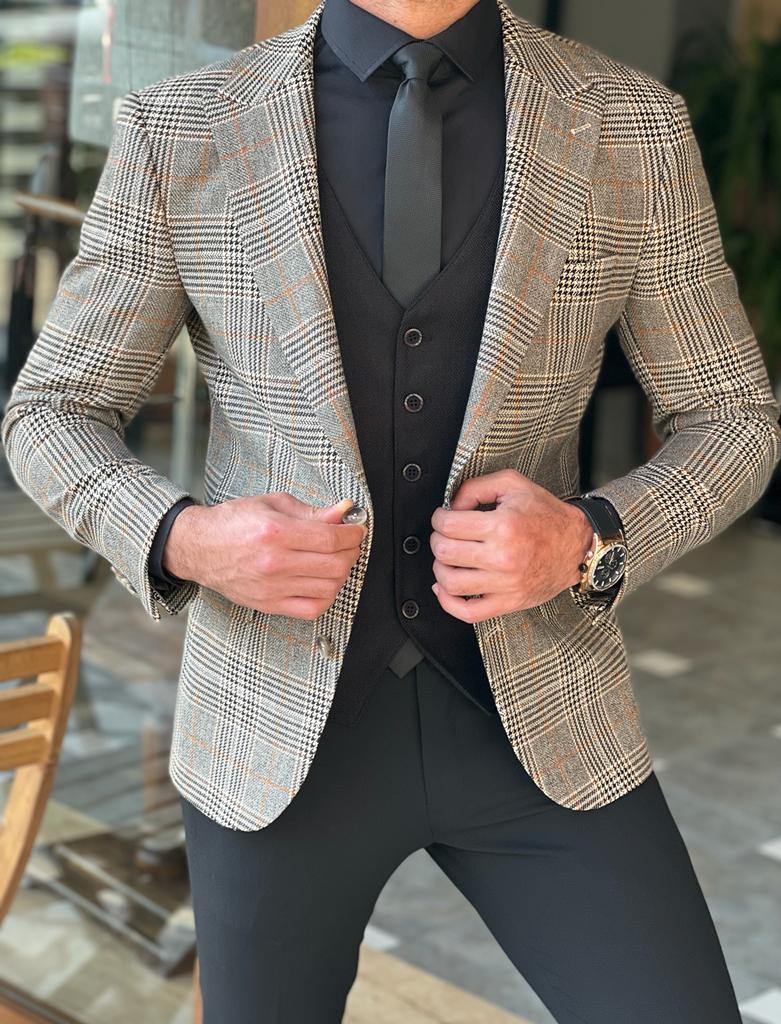 Bojoni Morton Beige Slim Fit Plaid Blazer 