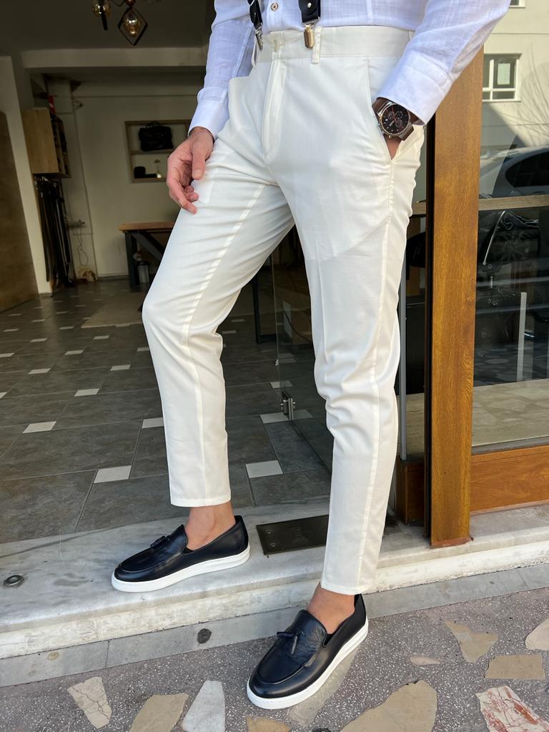 Bojoni Dover White Slim Fit Cotton Pants 