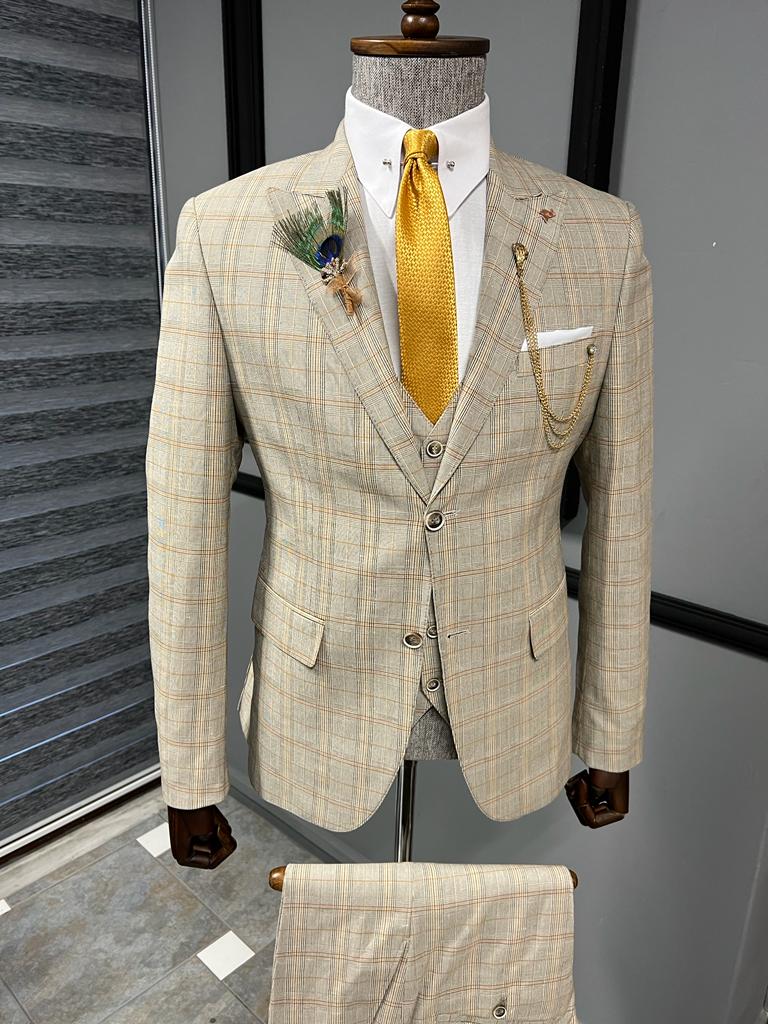 Bojoni Fremont Camel Slim Fit Peak Lapel Plaid Suit 