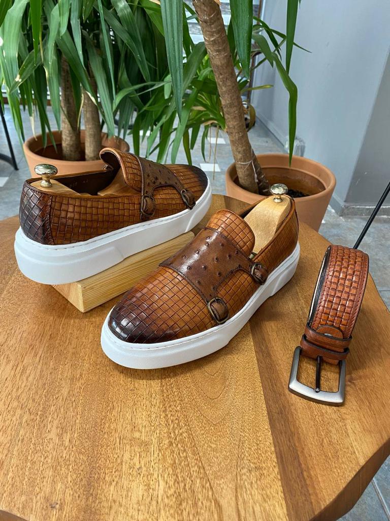 Bojoni Tan Woven Leather Monk Strap Loafers 