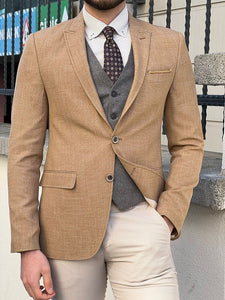 Bojoni Perris Light Brown Slim Fit Peak Lapel Linen Suit 