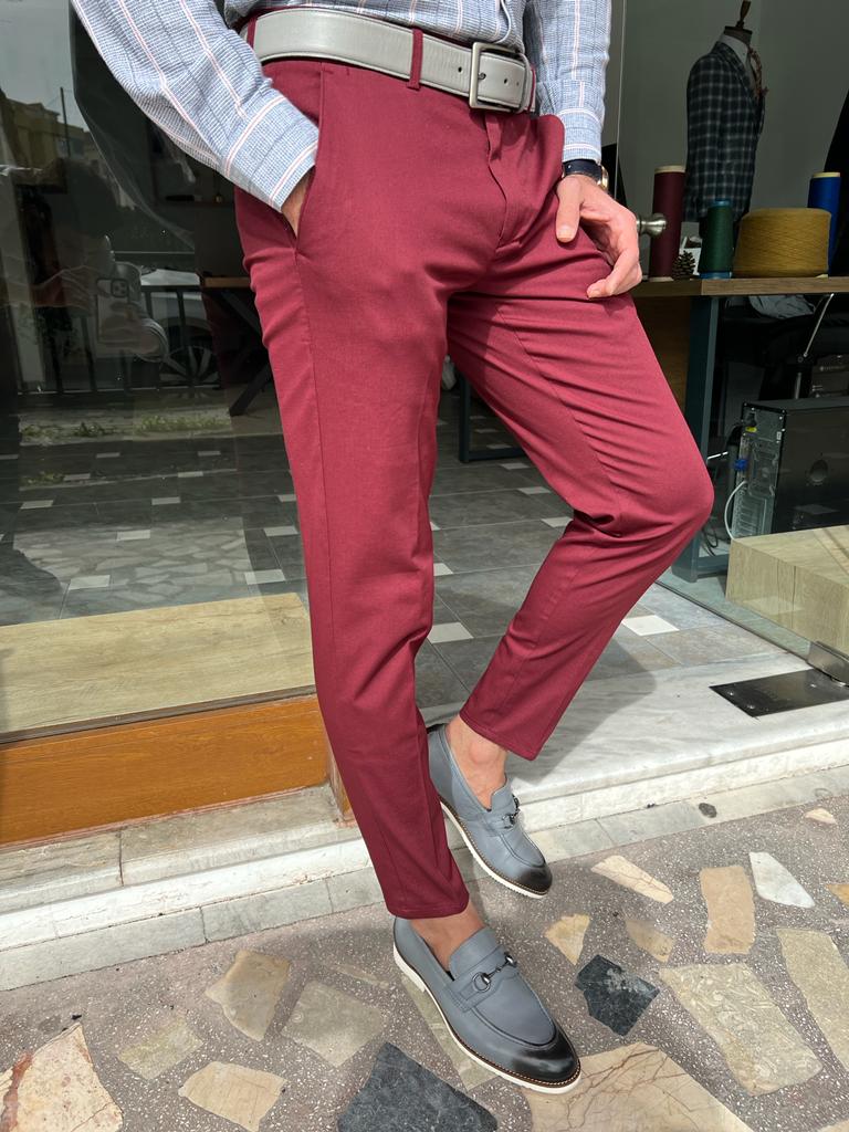 Bojoni Dover Red Slim Fit Cotton Pants 