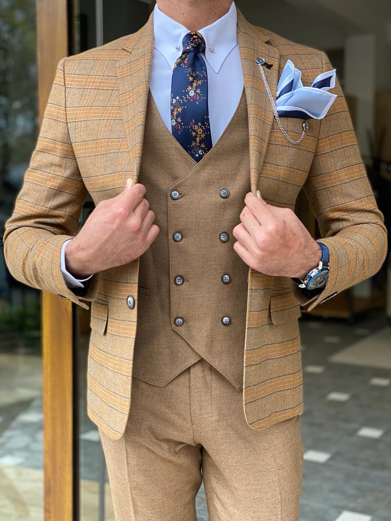 Bojoni Argeli Camel Slim Fit Plaid Check Suit-baagr.myshopify.com-suit-BOJONI