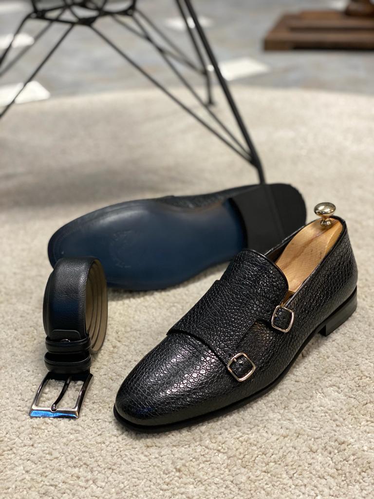 Bojoni Clifton Black Double Monk Strap Shoes 