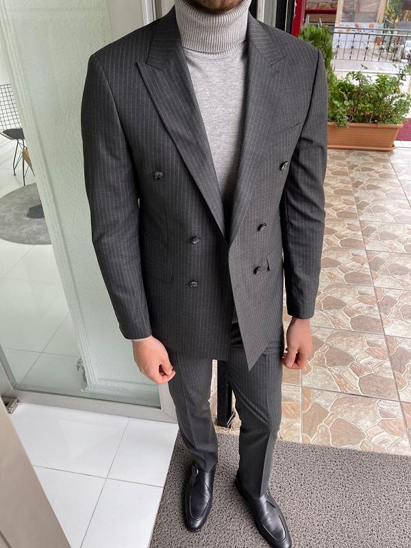 Bojoni Morris Dark Gray Slim Fit Double Breasted Pinstripe Wool Suit 
