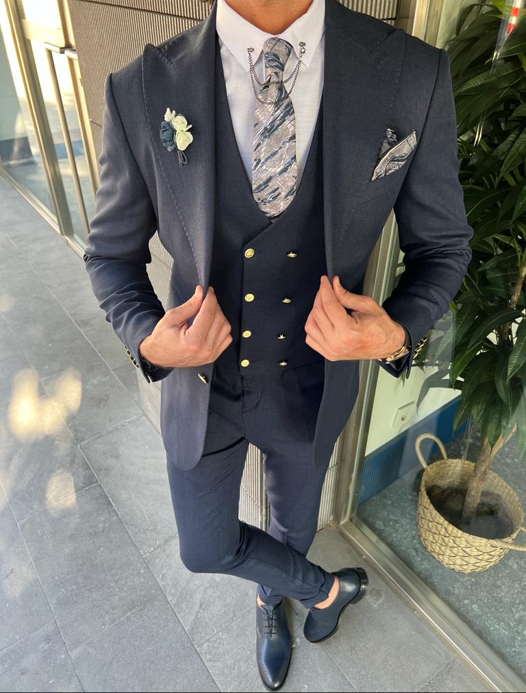 Bojoni Danielle Navy Blue Slim Fit Peak Lapel Suit