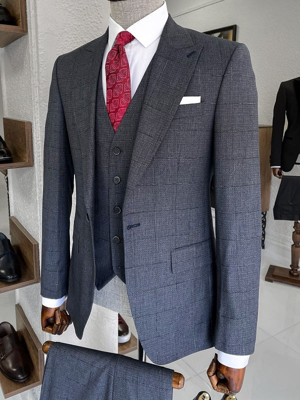 Bojoni Louis Navy Blue Slim Fit Peak Lapel Plaid Wool Suit 