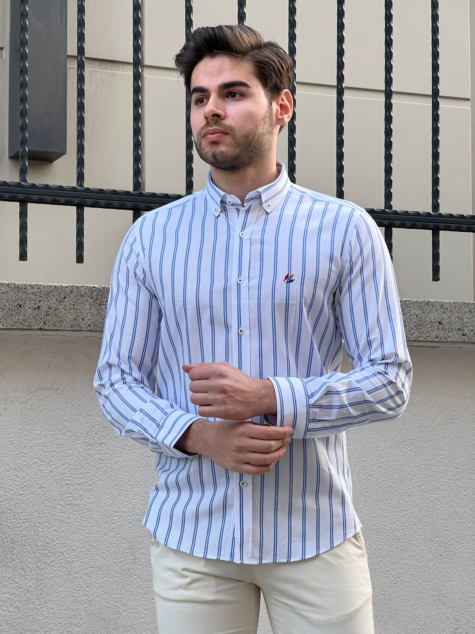 Bojoni Montebello Slim Fit High Quality Striped White & Blue Shirt