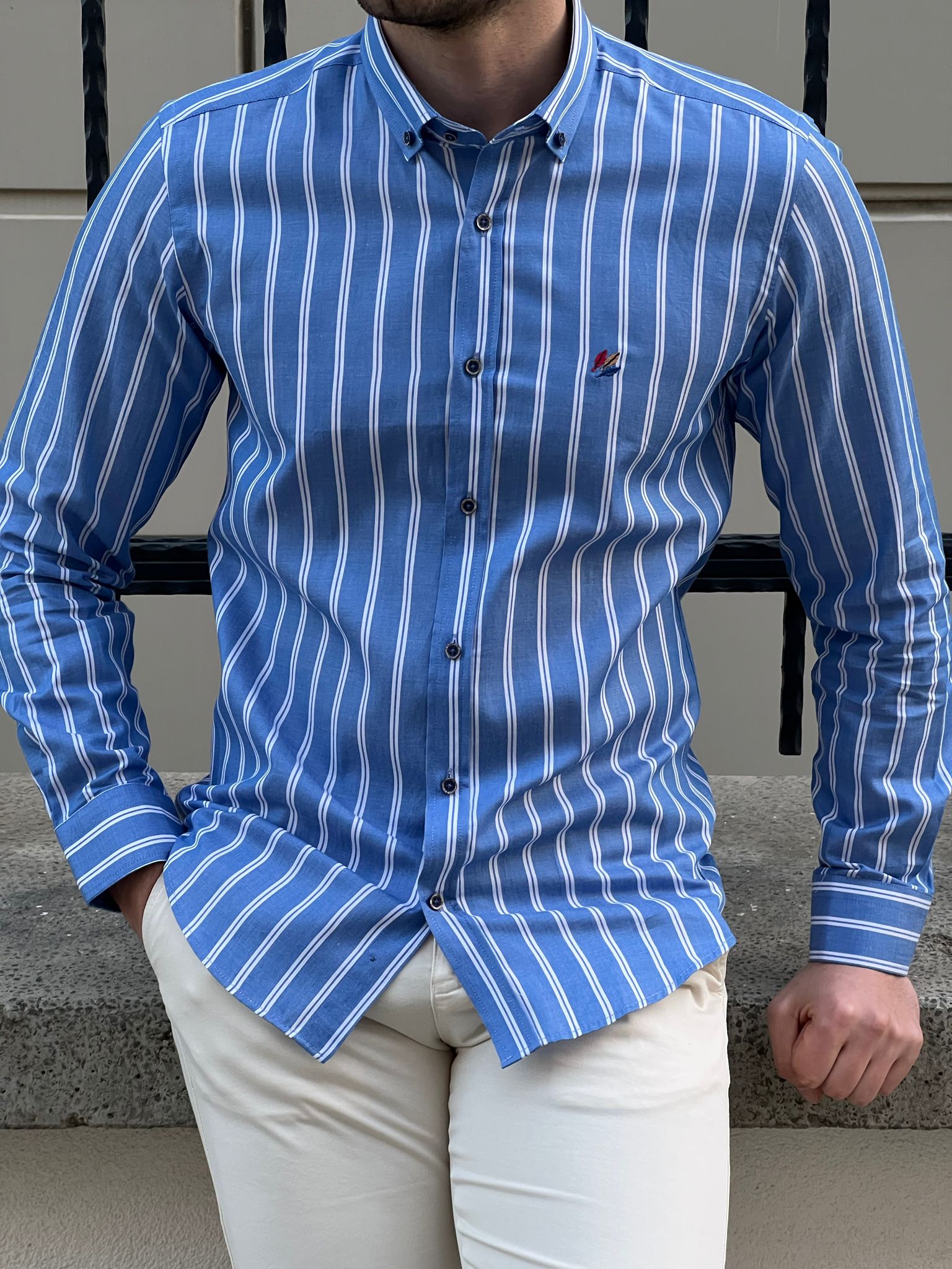 Bojoni Montebello Slim Fit High Quality Striped Blue Shirt