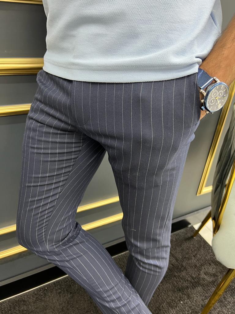 Bojoni Uluwatu Slim Fit Dark Blue Striped Trouser