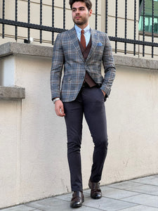 Bojoni Montebello Slim Fit High Quality Plaid Wool Grey Suit