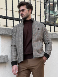 Bojoni Astoria Slim Fit Side Pocket Plaid Woolen Beige Coat