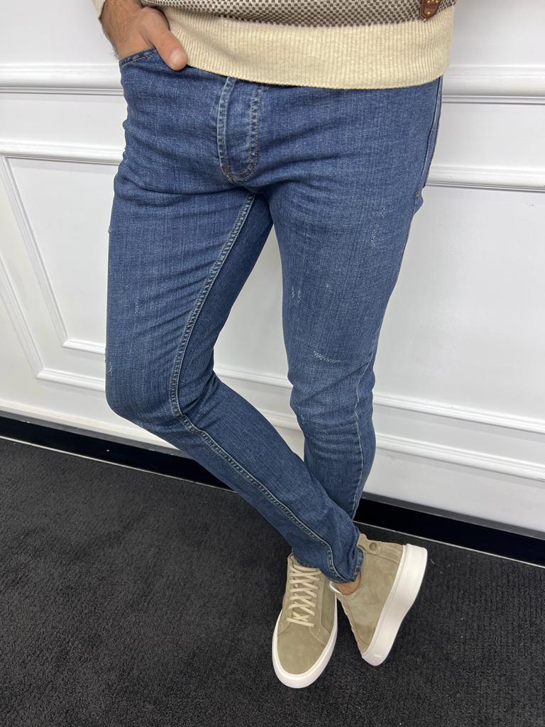 Leon Slim Fit Ripped Detailed Blue Jeans