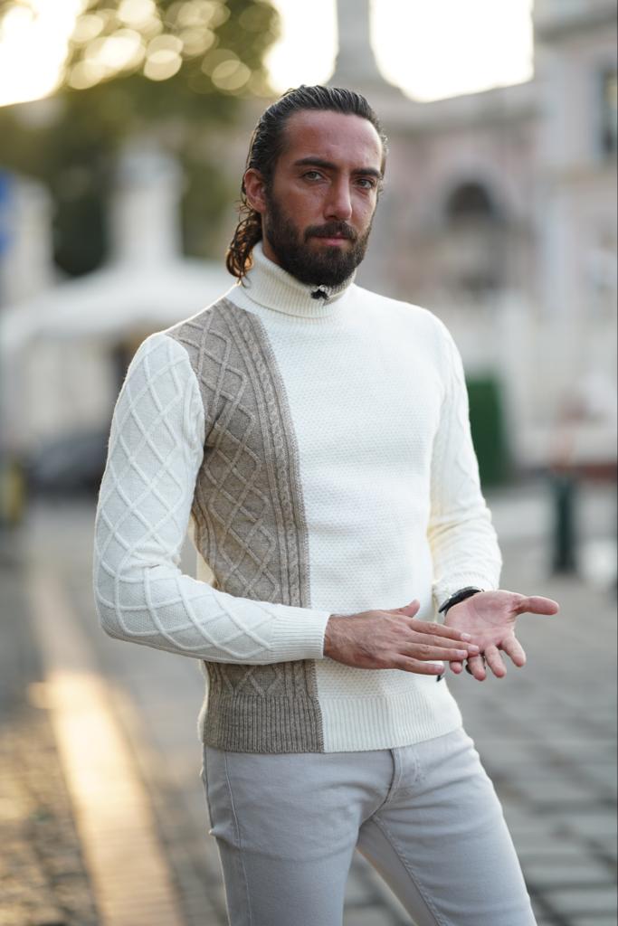 Thread Slim Fit Custom Design White Mixed Colors Turtleneck Sweater
