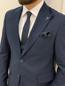 Shagori Navy Blue Slim Fit Peak Lapel Suit