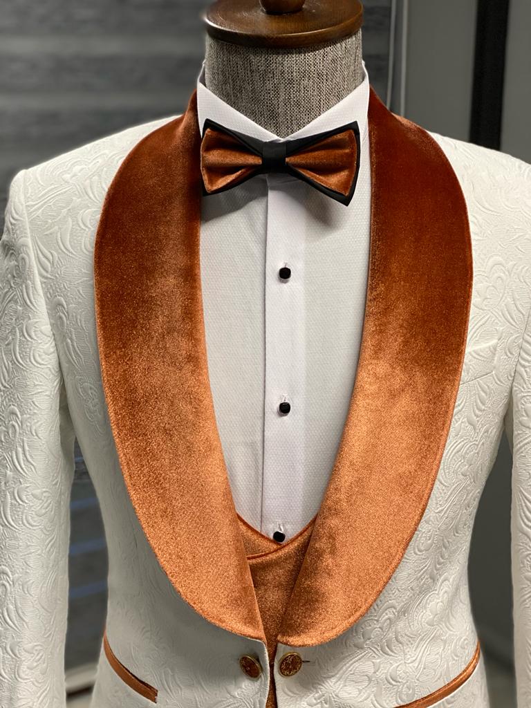 Bojoni Camden Orange & White Slim Fit Velvet Shawl Lapel Wool Tuxedo 