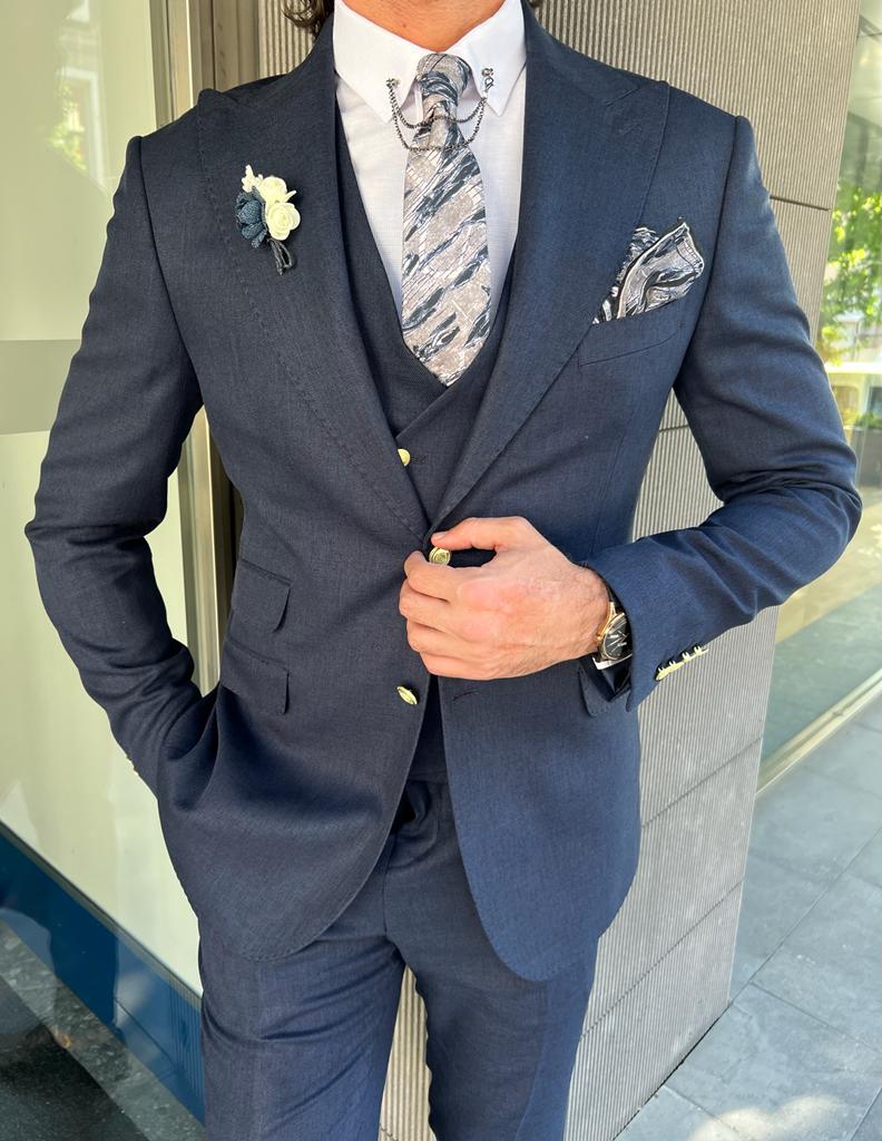 Bojoni Danielle Navy Blue Slim Fit Peak Lapel Suit