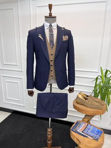 Bojoni Diamond Shagori  Navy Blue Slim Fit Peak Lapel Combination Suit