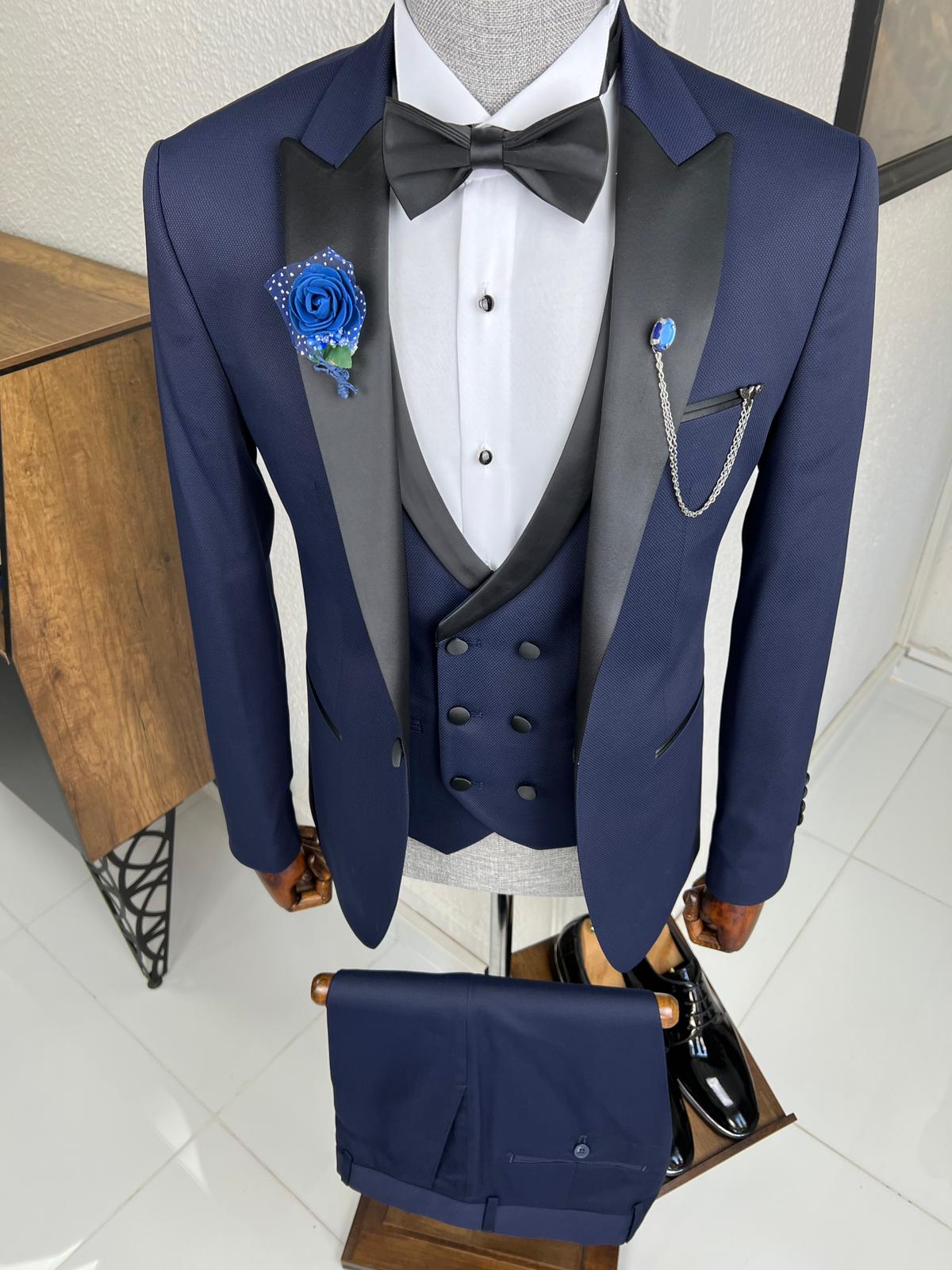 Luxe Slim Fit Patterned Navy Blue Dovetail Collared Tuxedo