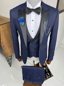 Luxe Slim Fit Patterned Navy Blue Dovetail Collared Tuxedo