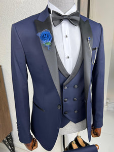 Luxe Slim Fit Patterned Navy Blue Dovetail Collared Tuxedo