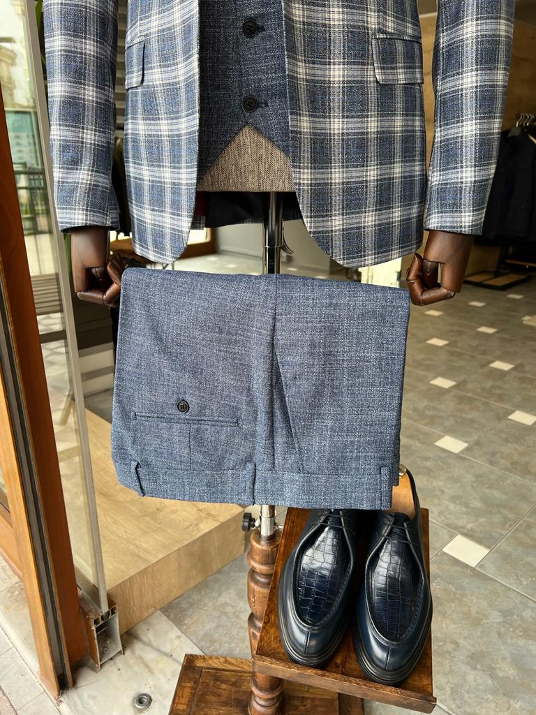 Bojoni Dover  Blue Slim Fit Peak Lapel Plaid Suit 