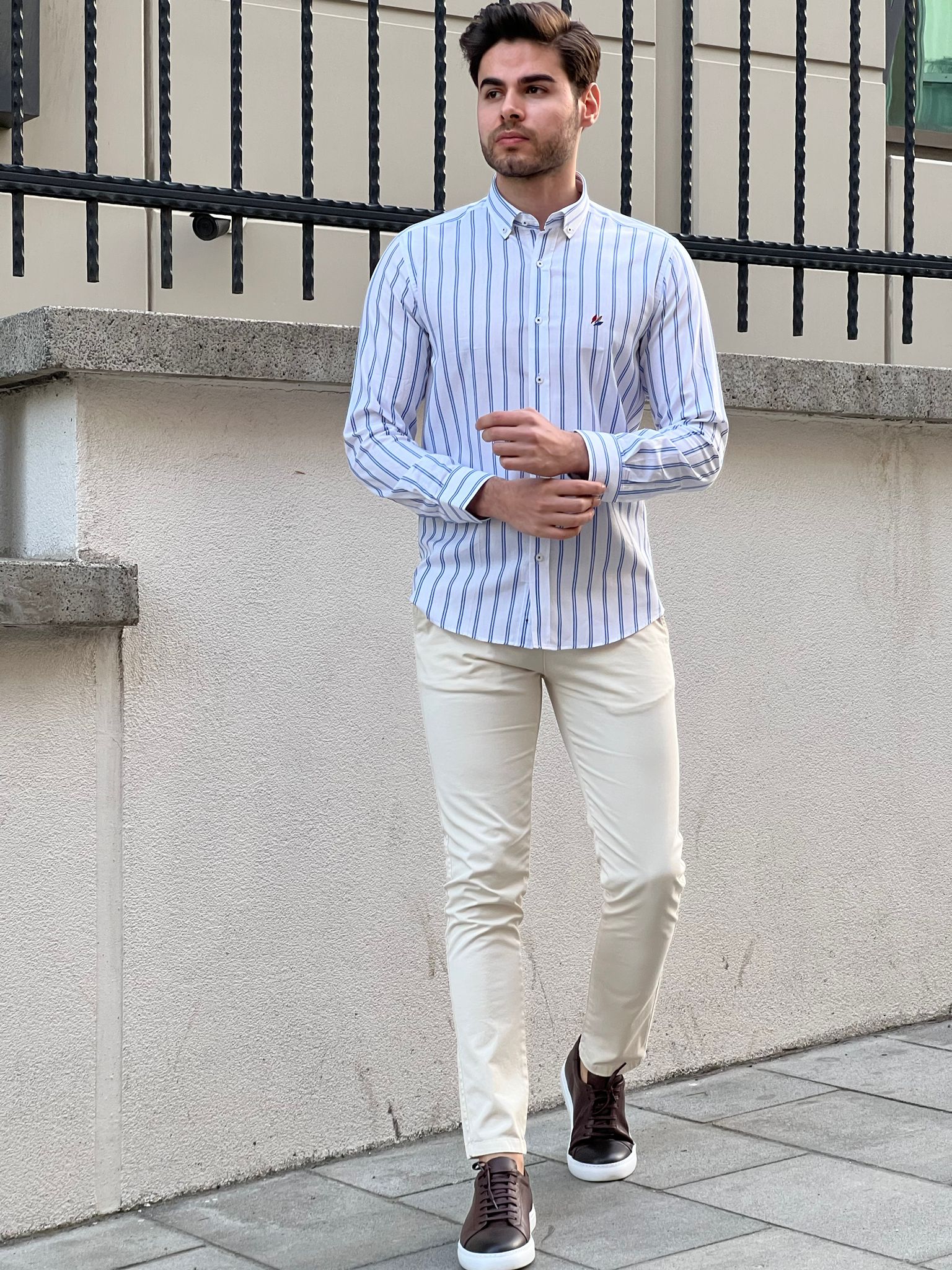 Bojoni Montebello Slim Fit High Quality Striped White & Blue Shirt