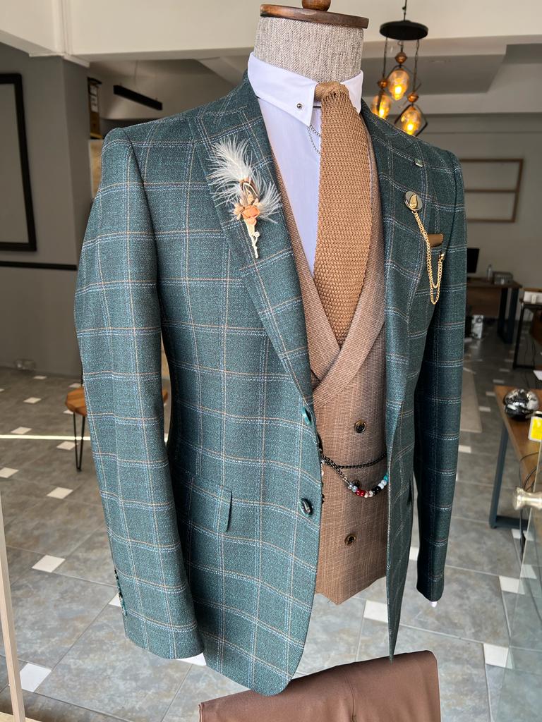 Bojoni Dayton Green Slim Fit Peak Lapel Plaid Suit 