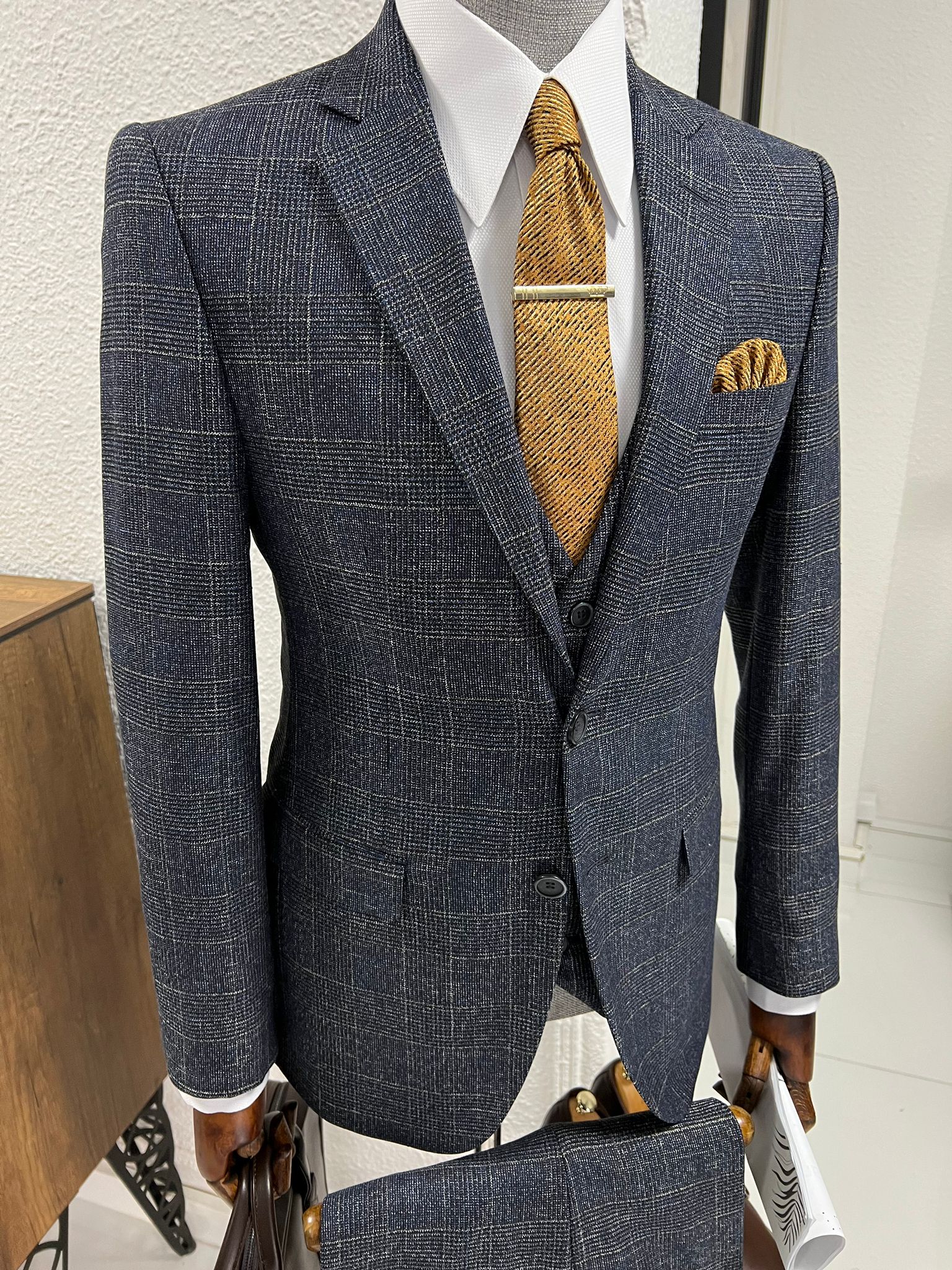 Louis Slim Fit High Quality Navy Plaid Suit