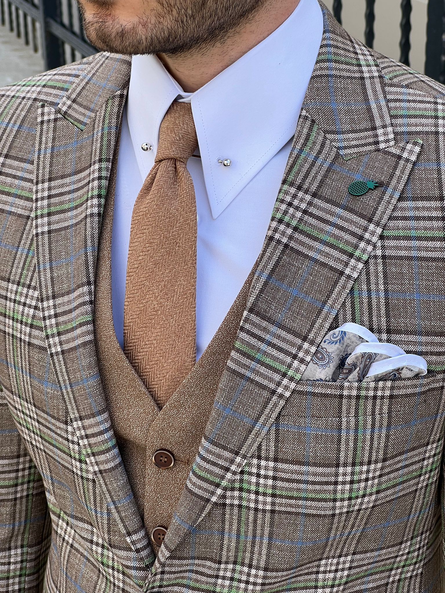 Bojoni Montebello Slim Fit High Quality Plaid Wool Beige Suit