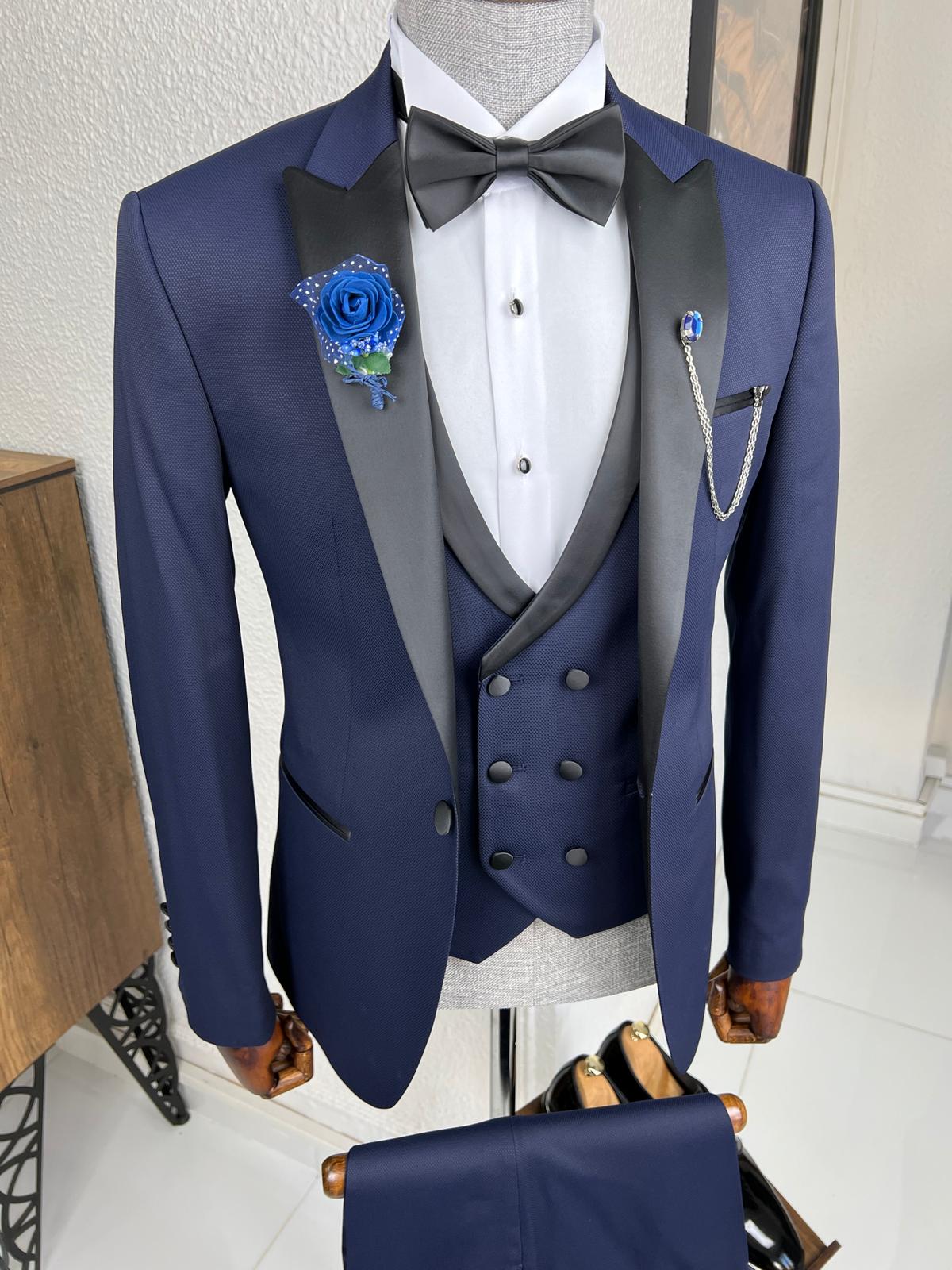 Luxe Slim Fit Patterned Navy Blue Dovetail Collared Tuxedo