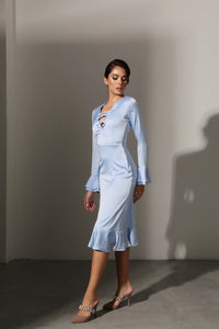 Viclans Polka Dot Midi Blue Dress with Asymmetric Ruffle 