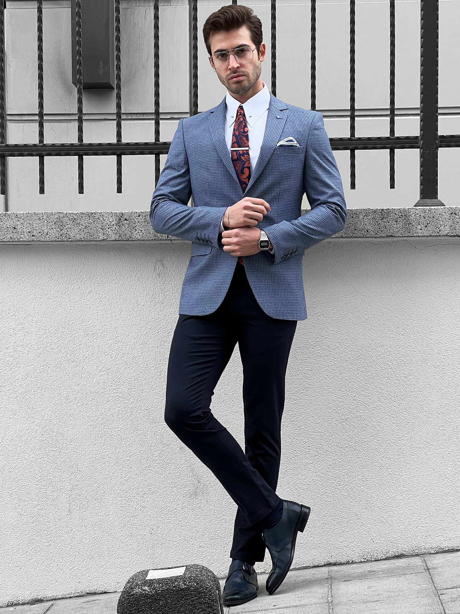 Louis Slim Fit High Quality Blue & Gray Blazer | VICLAN Louis Slim Fit High Quality Blue & Gray Blazer | VICLAN