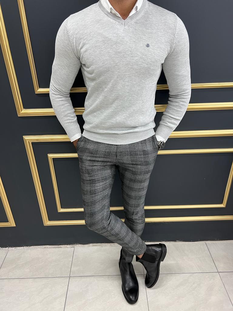 Leon Slim Fit V-Neck Grey Sweater