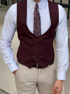 Bojoni Montebello Slim Fit Double Breasted Claret Red Vest