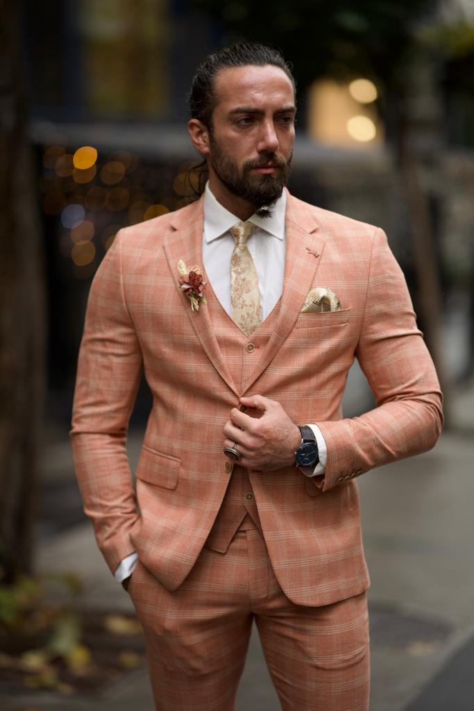 Leon Slim Fit Plaid Striped Tile Suit