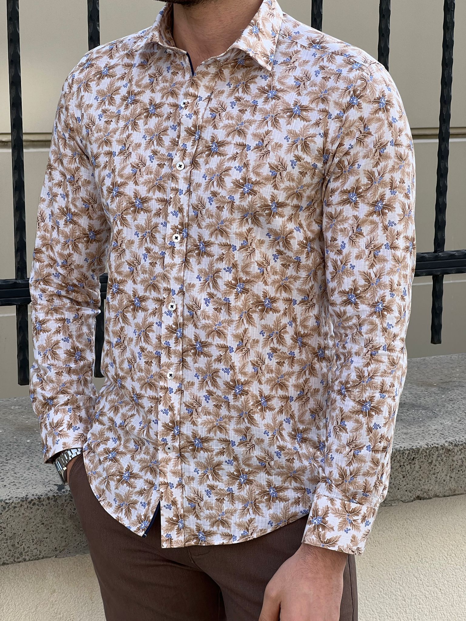 Bojoni Montebello Slim Fit High Quality Patterned Beige Cotton Shirt