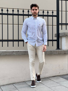 Bojoni Montebello Slim Fit High Quality Striped White & Blue Shirt