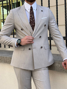 Bojoni Montebello Slim Fit High Quality Striped Double Breasted Beige Suit