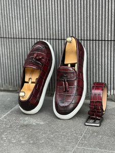 Benson Buckled Croc Detailed Burgundy Shoes