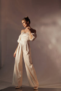 Viclans Off-The-Shoulder Satin Cream Jumpsuit with Puffy Sleeves 