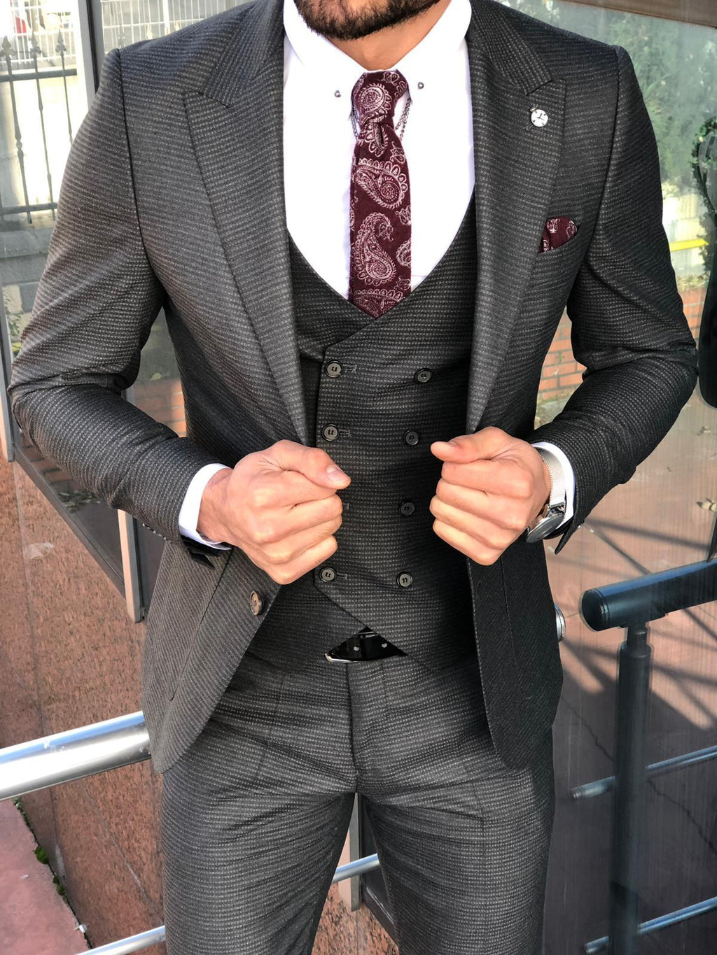 Slim-Fit Patterned  Suit Vest Anthracite-baagr.myshopify.com-suit-BOJONI