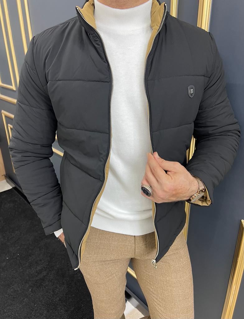 Rick Slim Fit Double Colored Black & Camel Quilted Coat