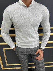 Leon Slim Fit V-Neck Grey Sweater