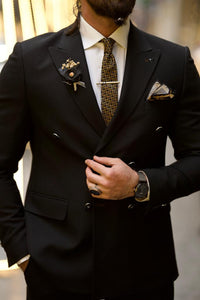 Leon Slim Fit Double Breasted Black Detailed Suit