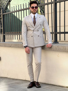 Bojoni Montebello Slim Fit High Quality Striped Double Breasted Beige Suit