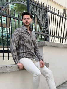 Bojoni Montebello Slim Fit High Quality Striped Khaki Cotton Shirt