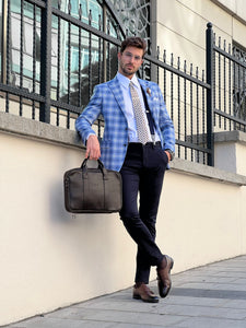 Bojoni Astoria Slim Fit High Quality Mono Collar Blue Plaid Woolen Blazer