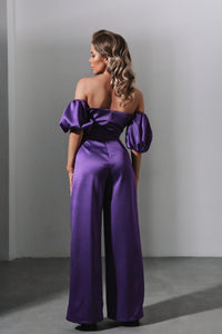 Viclans Off-The-Shoulder Satin Purple Jumpsuit with Puffy Sleeves 
